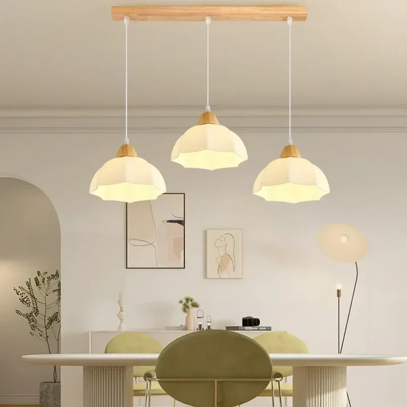 

Modern Minimalism Wood LED Pendant Lamp For Dining Room Kitchen Island Bar Cafe Long Table Home Decor White Glass chandeliers