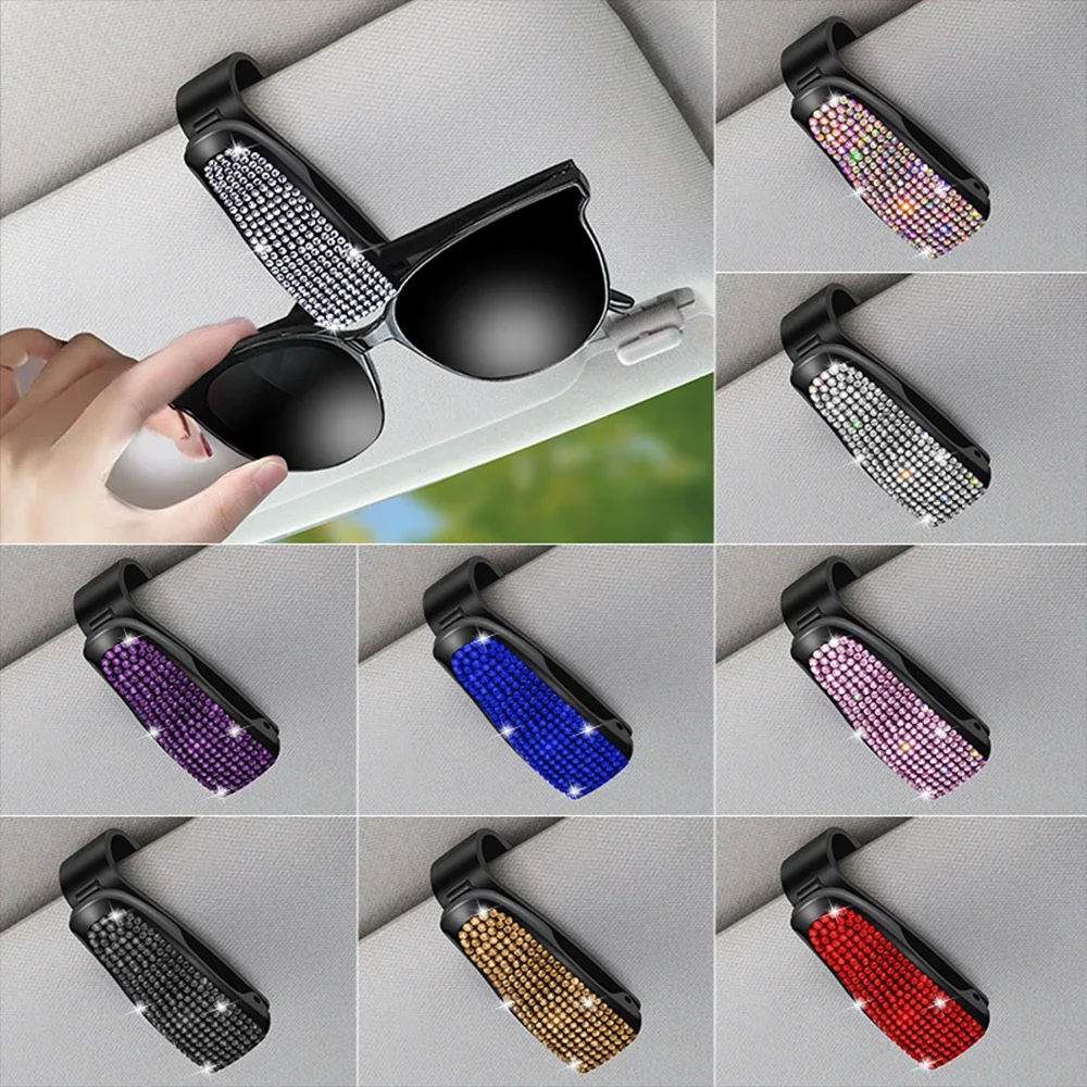 Crystal Diamond Magnetic Leather Sunglass Holder Eyeglass Hanger Clip Car Decor for Auto Sun Visor for Different Size Eyeglasses