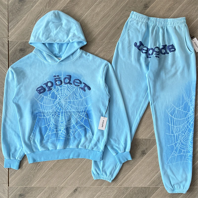 

Classic Spider Web Print Hoodie Sweatpants Set Casual Cotton Long Sve Long Pants for Young Men Autumn Season Streetwear