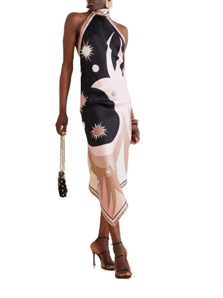 فستان حفلات طويل على طراز عطلة صيف 2025 مثير برقبة معلقة وطباعة زهور بدون ظهر من الساتان على طراز الشاطئ #6