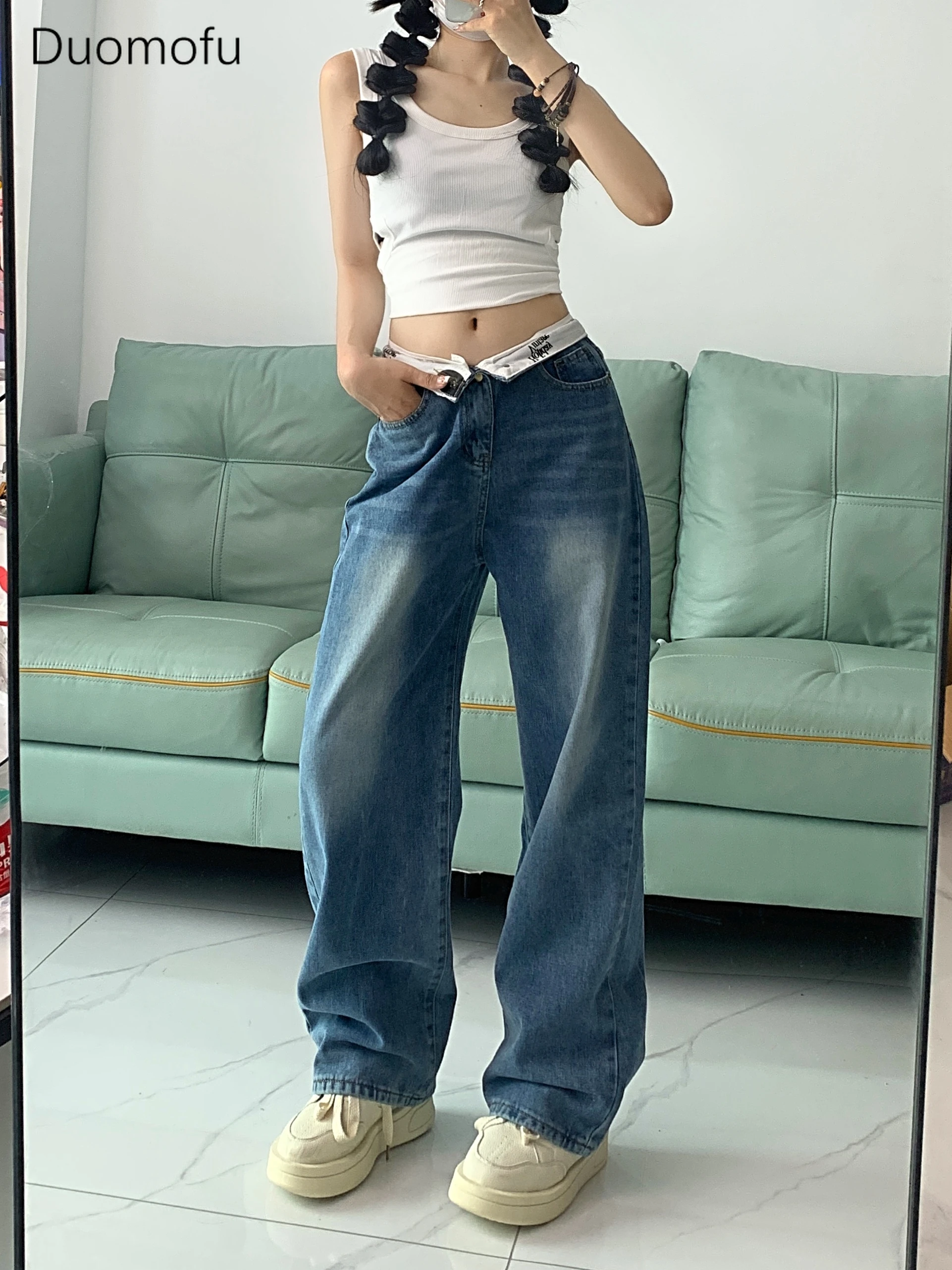 Duomofu blau schicke Brief manschetten lose gerade weibliche Jeans Sommer neue grundlegende hohe Taille schlanke einfache lässige Mode Frauen Jeans