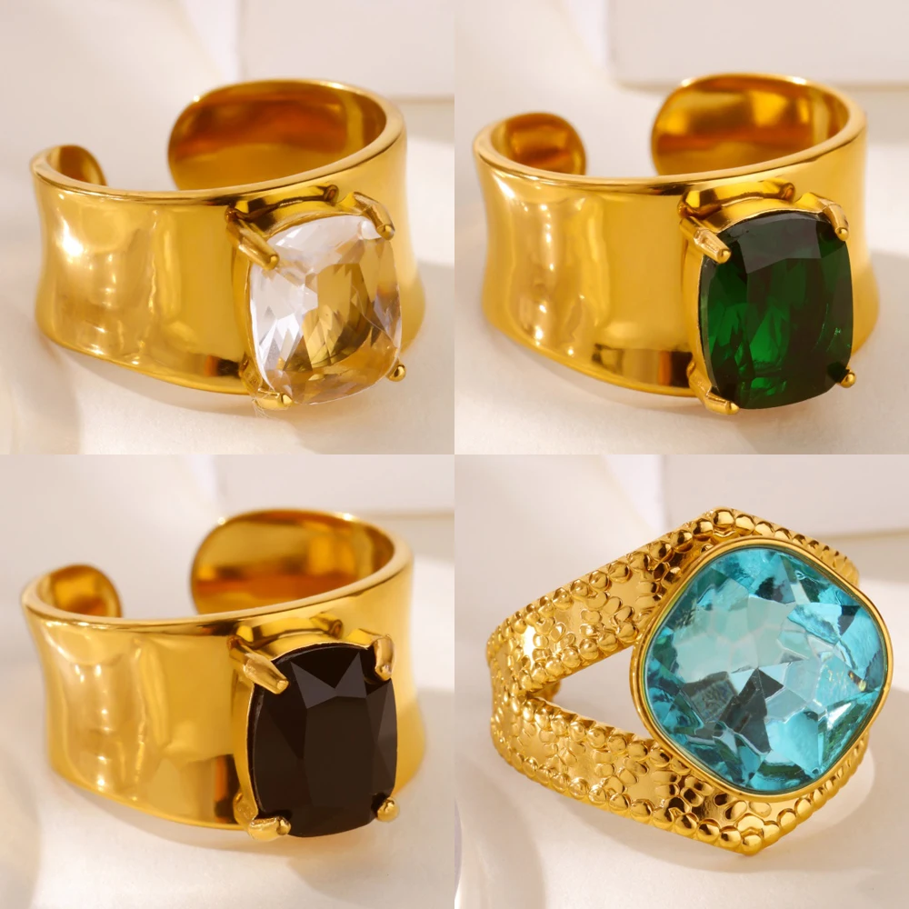 

Wide Inlaid Zircon Rings for Women Girls Adjustable 316L Stainless Steel Ring Vintage Couple Wedding Band Statement Jewelry Gift