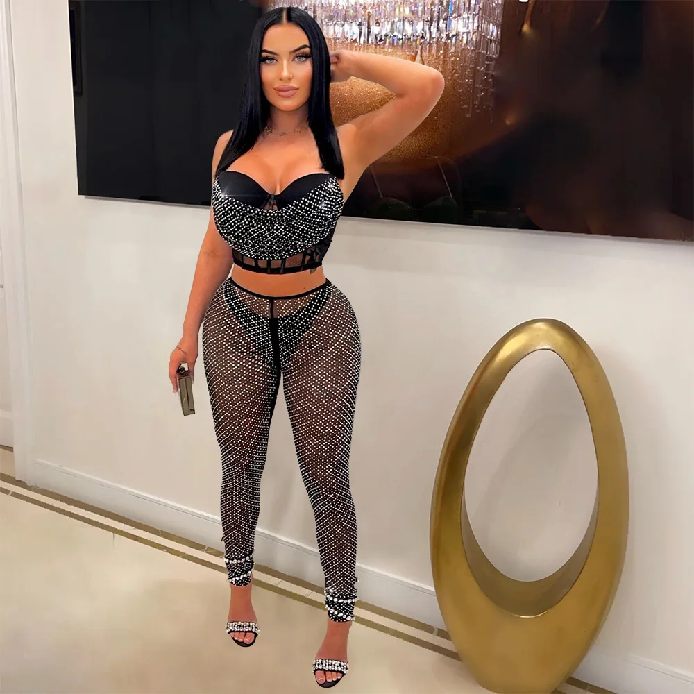 Sexy Diamonds Sheer Mesh Women Two Piece Set Spaghetti Straps Spliced Crop Top Pencil Pants Suit Night Club Party Tracksuit 2023