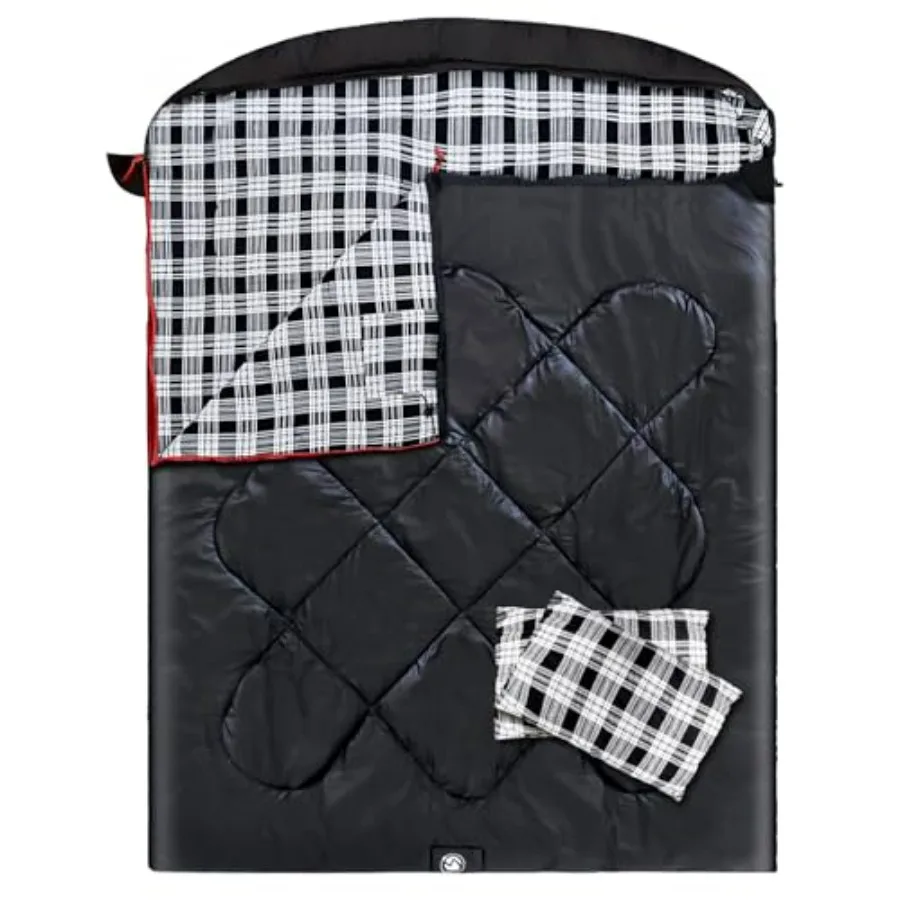 

Camping sleeping bag for adults, flannel cotton, gray, double-person XXL queen size with 2 pillows for cold weather