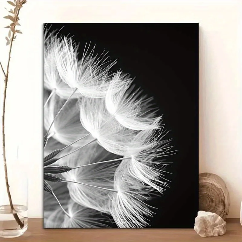 1pc Frameless Canvas Wall Art - Black & White Dandelion Seeds Photography on Black Background, Minimalist Nature-Inspired Dec