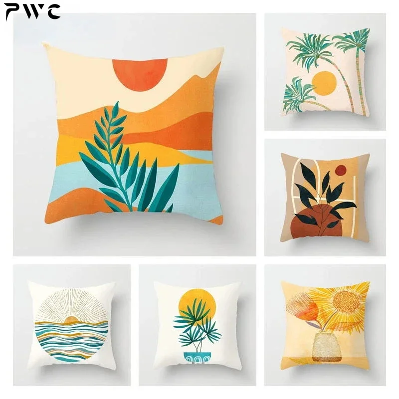 Yellow Orange Brown Abstract Art Cushion Covers Geometric Plants Sunrise Woman Portrait Painting Decoration Pillow Case 45x45cm