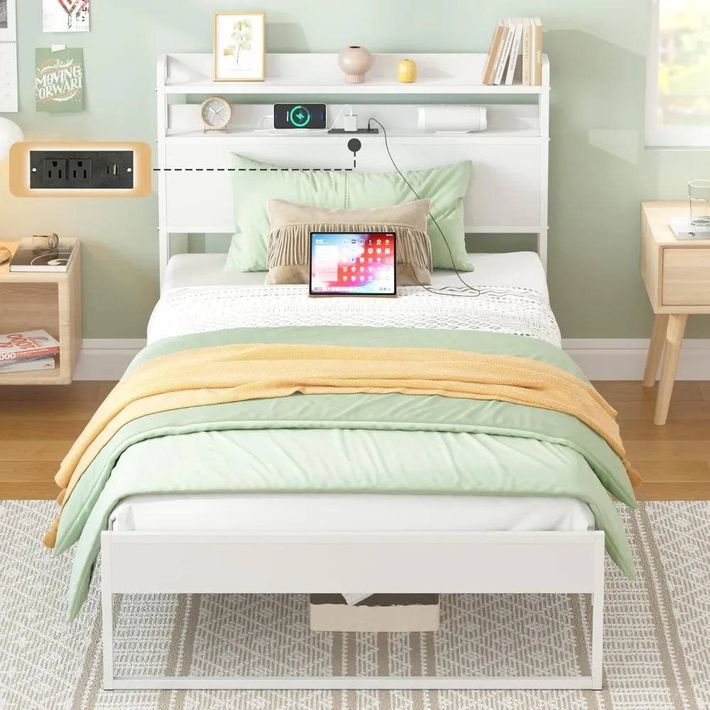 

Twin Bed Frames with Charging Station and Storage Headboard, No Box Spring Needed, Noise Free, Easy Assembly, Beds Frames