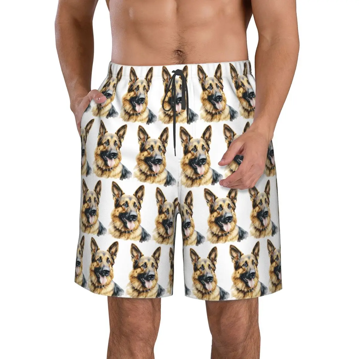 Watercolor German Shepherd Trunks Beach Board Shorts Casual Quick Dry Swim Summer Men Pants