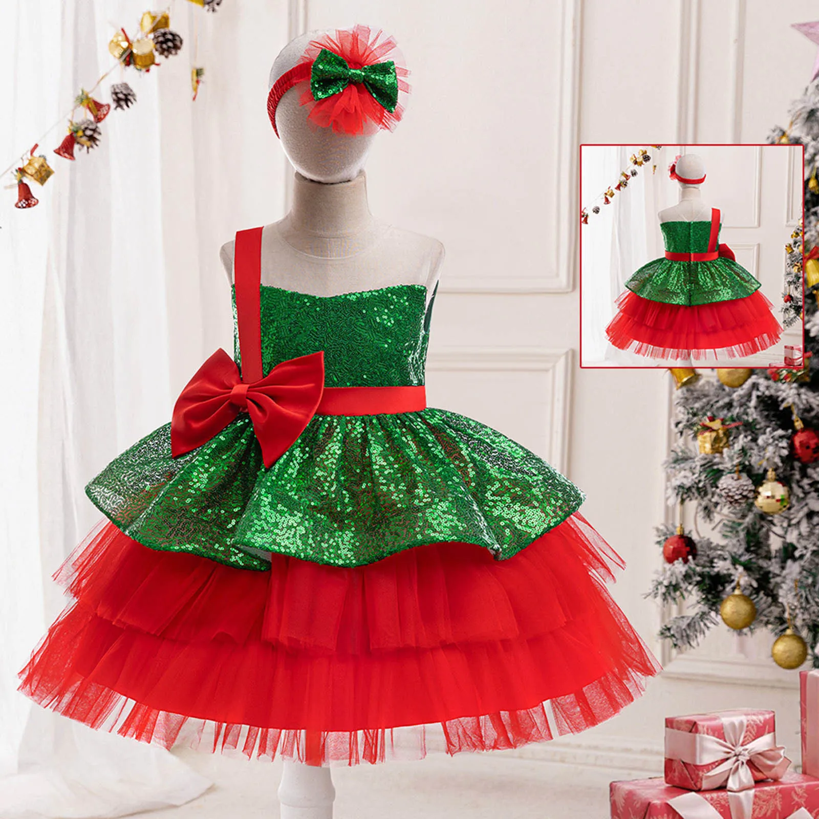 Girls Christmas Sequin Shining Party Dress Young 2pcs Festival Carnival Clothes Girl Lace Birthday Time Dresses Kids New Costume