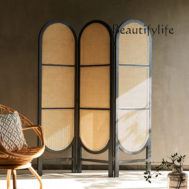 

Nordic Solid Wood Folding Screen Minimalist Chinese Style Rattan Screen