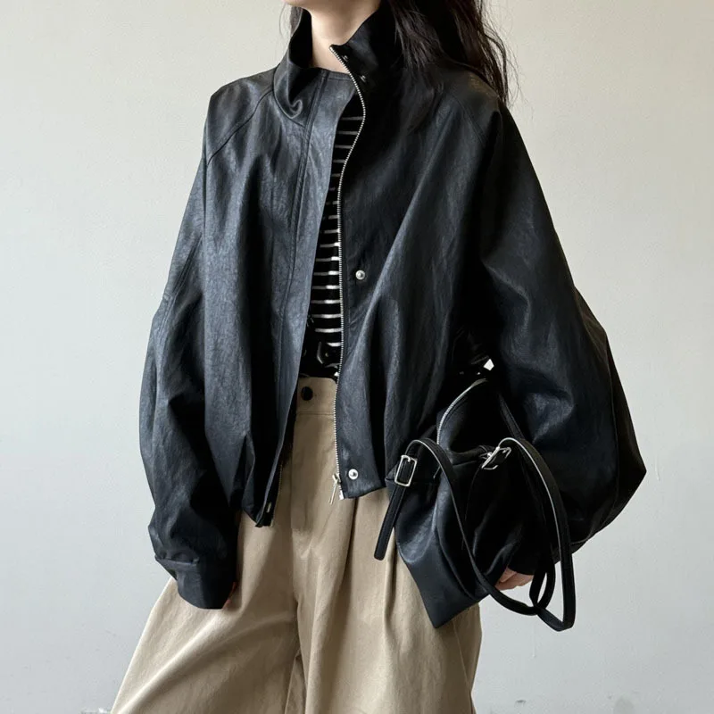 HKSH ربيع الخريف جديد سترة نسائية بولي Leather الجلود الوقوف طوق سستة بلون الأمريكية الرجعية الراقية Ins معطف غير رسمي HK13660