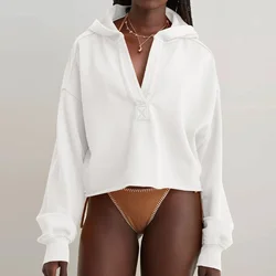 New American Women's hoodies Turn-down Collar Solid Loose Sweater Shirt Autumn and Winter Fashion Short Top for Women