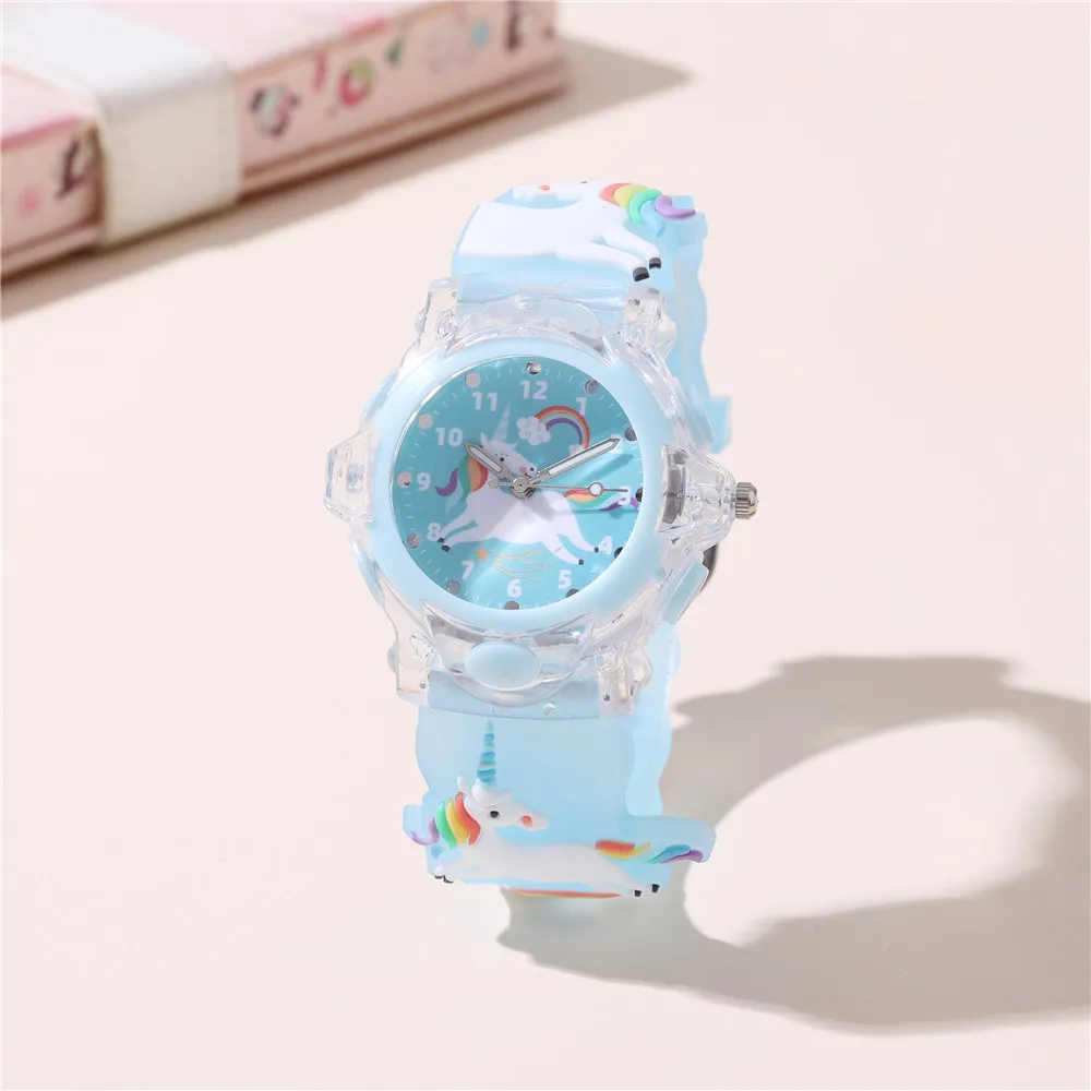 4 Colors Rainbow unicorns Children Watch Cartoon Quartz Kids's Watch Led flashing light Student Wristwatch
