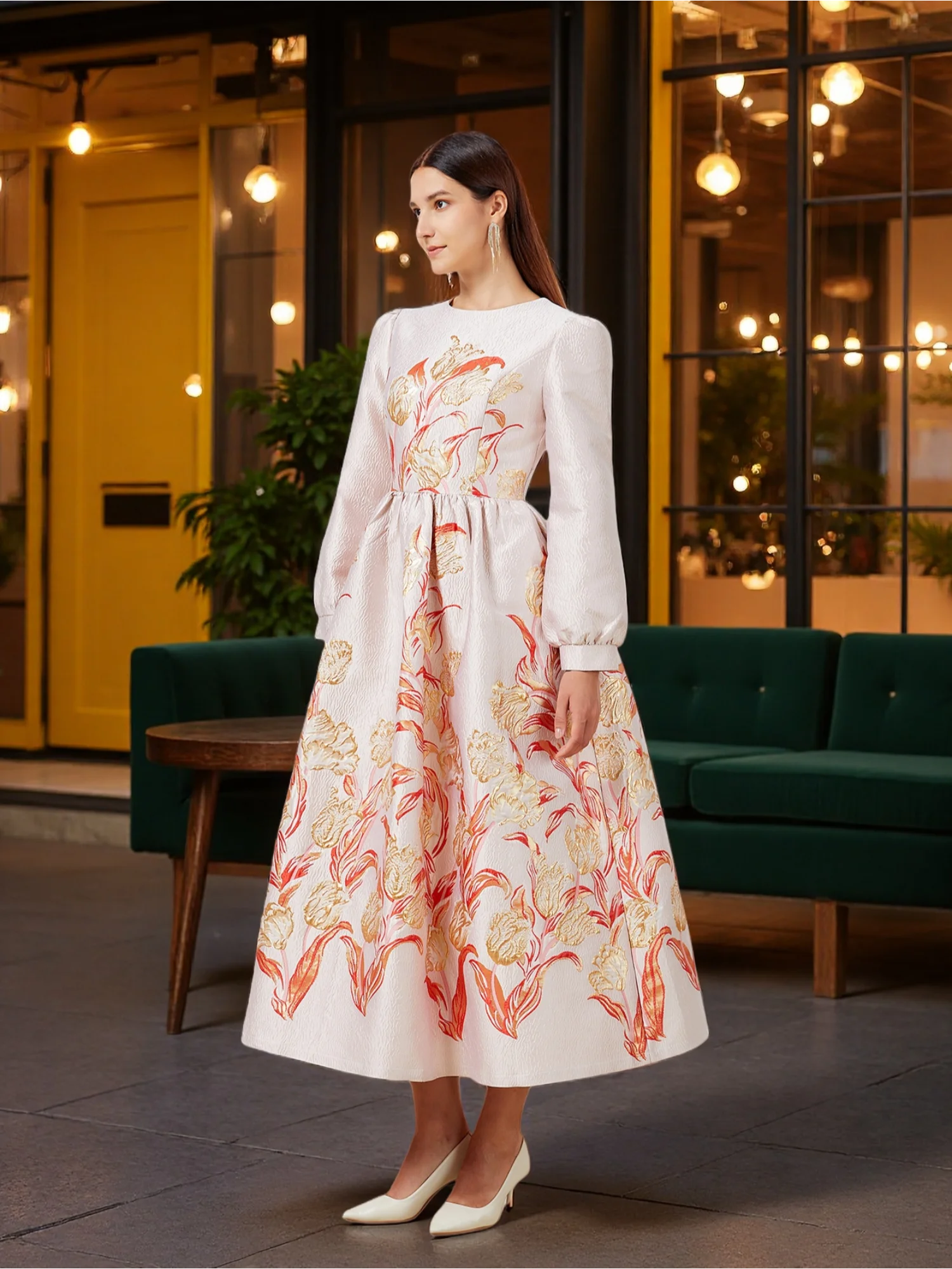 Robe Jacquard en Jacquard pour l'industrie lourde, nouveau Style, col rond, ligne a, Orange, or, florale, élégante, pour Banquet, automne-hiver