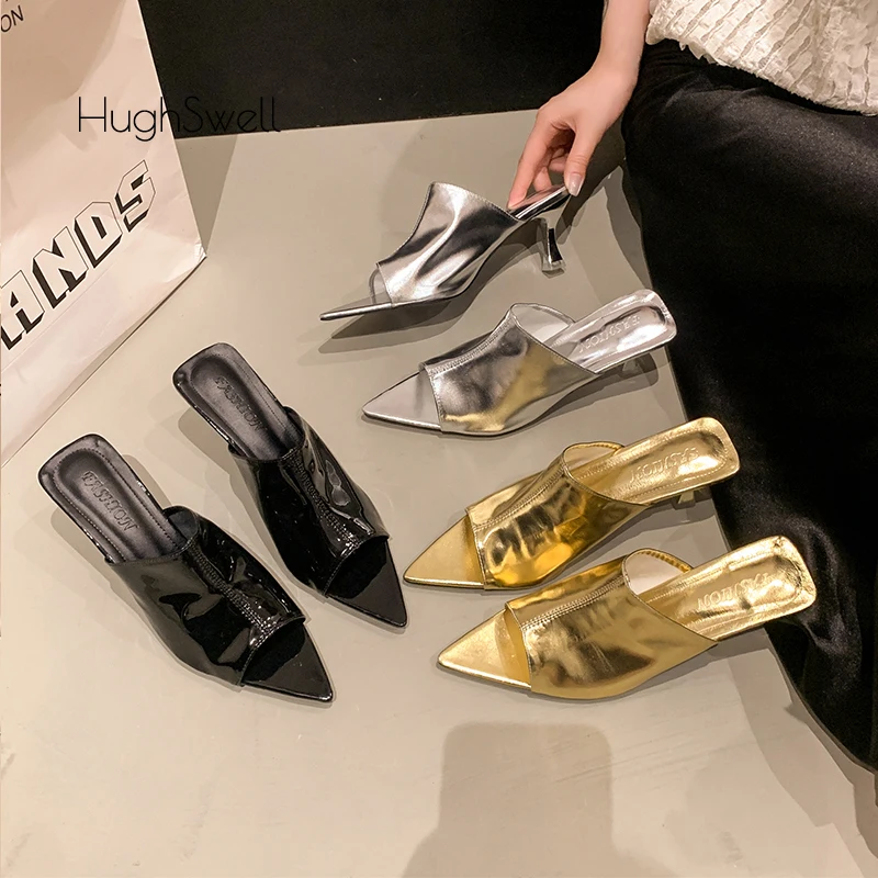 Zapatillas de Tacón Bajo con Punta Abierta Doradas y Plateadas de Lujo para Mujer, Zapatos de Tacón Bajo para Fiesta de Graduación, Zapatos de Charol de Diseñador para Mujer
