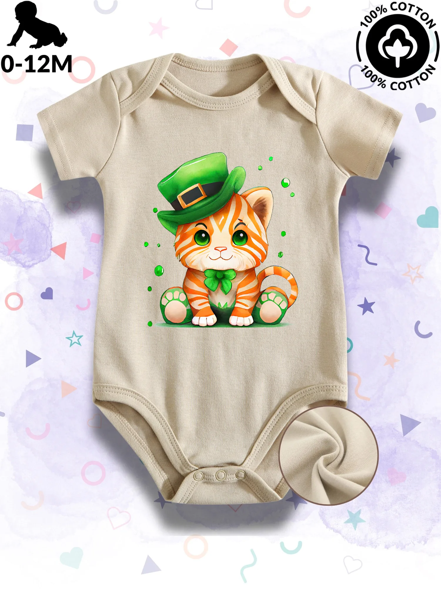 

St. Patrick's Day Cute Cat Unisex Baby Bodysuit, 100% Cotton Soft Onesie, All-Season Wear Beige Crawling Suit 190GSM