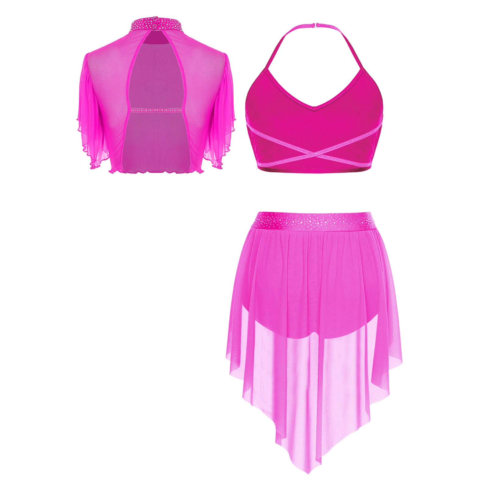 المرأة الغنائية الرقص الشكل التزلج زي عارية الذراعين بروتيل المحاصيل القمم + تنورة السراويل Dancewear مجموعات لأداء فئة الرقص