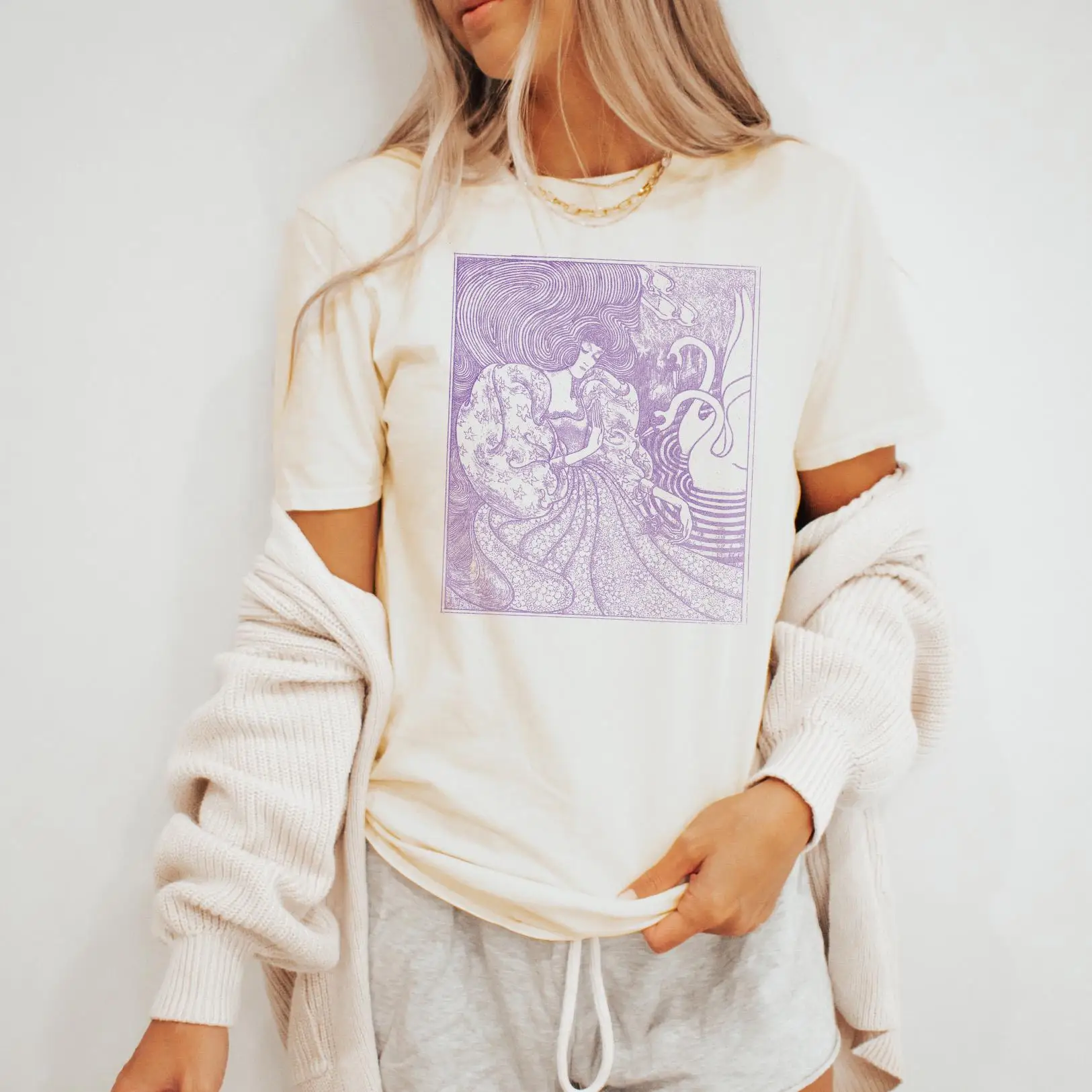 T-shirt grafica da donna Art Nouveau taglie forti in puro cotone traspirante alla moda e versatile unisex streetwear oversize