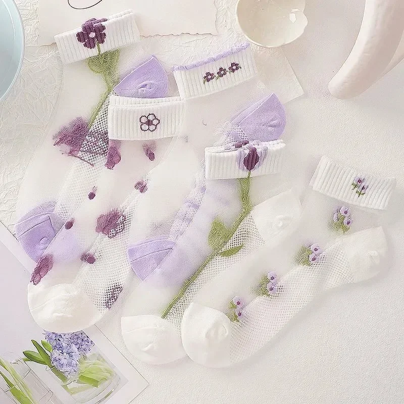 

5 Pairs Women Flower Patterned Short Sock Fashionable Purple Flower Thin Breathable Sweat Absorbing Soft Comfortable Casual Sock