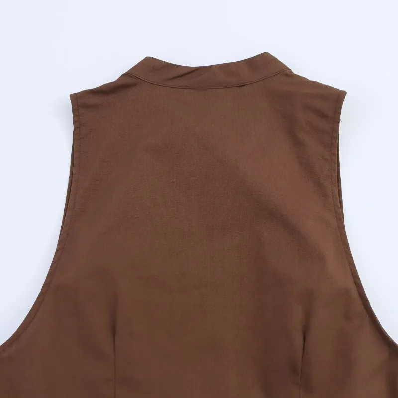 Vintage braune Damen-Freizeitkleider, einreihig, ärmellos, plissiert, Kleid, Mode, 2025, Sommer, Streetwear, langes Kleid mit Gürtel