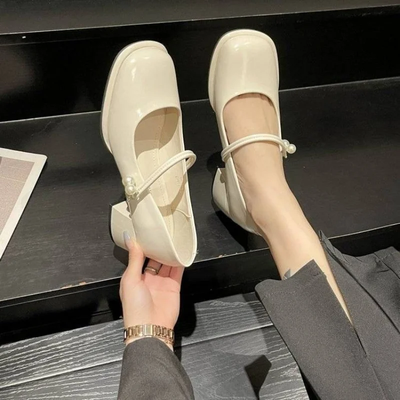 Ladies Summer Footwear Mary Jane Shoes for Women 2024 with Medium Heels Japanese Style Lolita Pearl Square Toe Gothic White Y2k