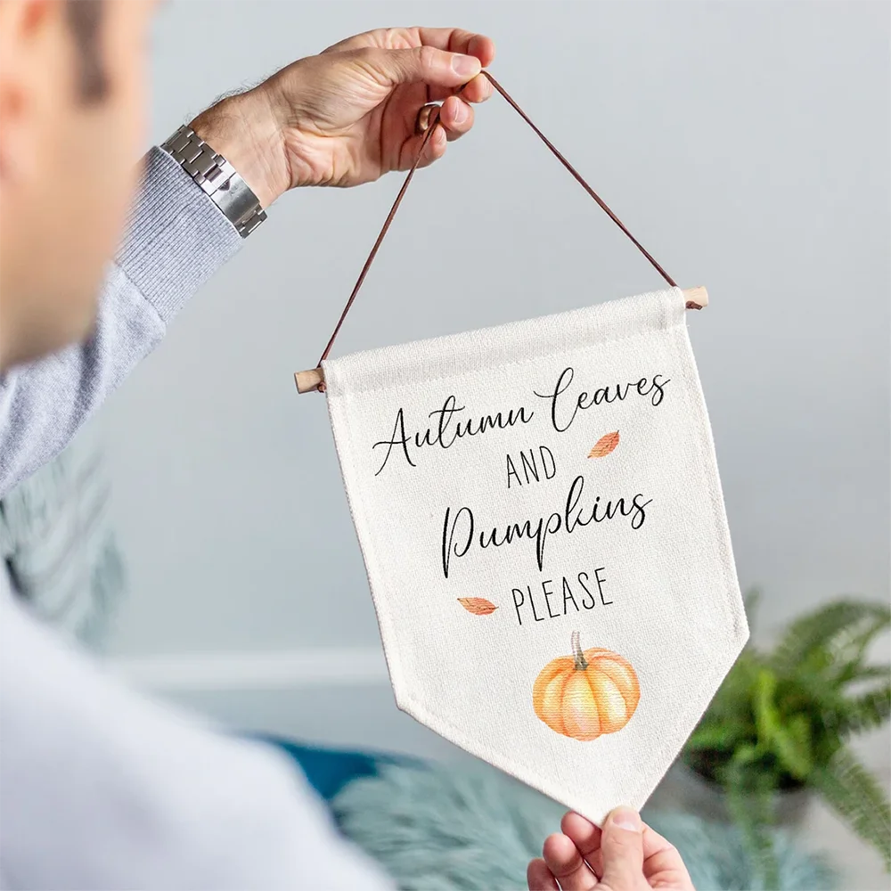 Halloween Autumn Leaves Pumpkins Please Linen Style Hanging Flag Pennant Sign Gift Fall Wall Art Print Pumpkin Decoration gift