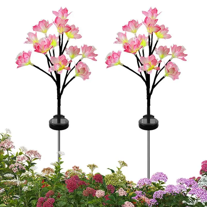 Solar Garden Flower Lights 2pcs LED Solar Flower Lights 24 Blooming Camellia Light Up Flowers Outdoor Color Changing Decorative