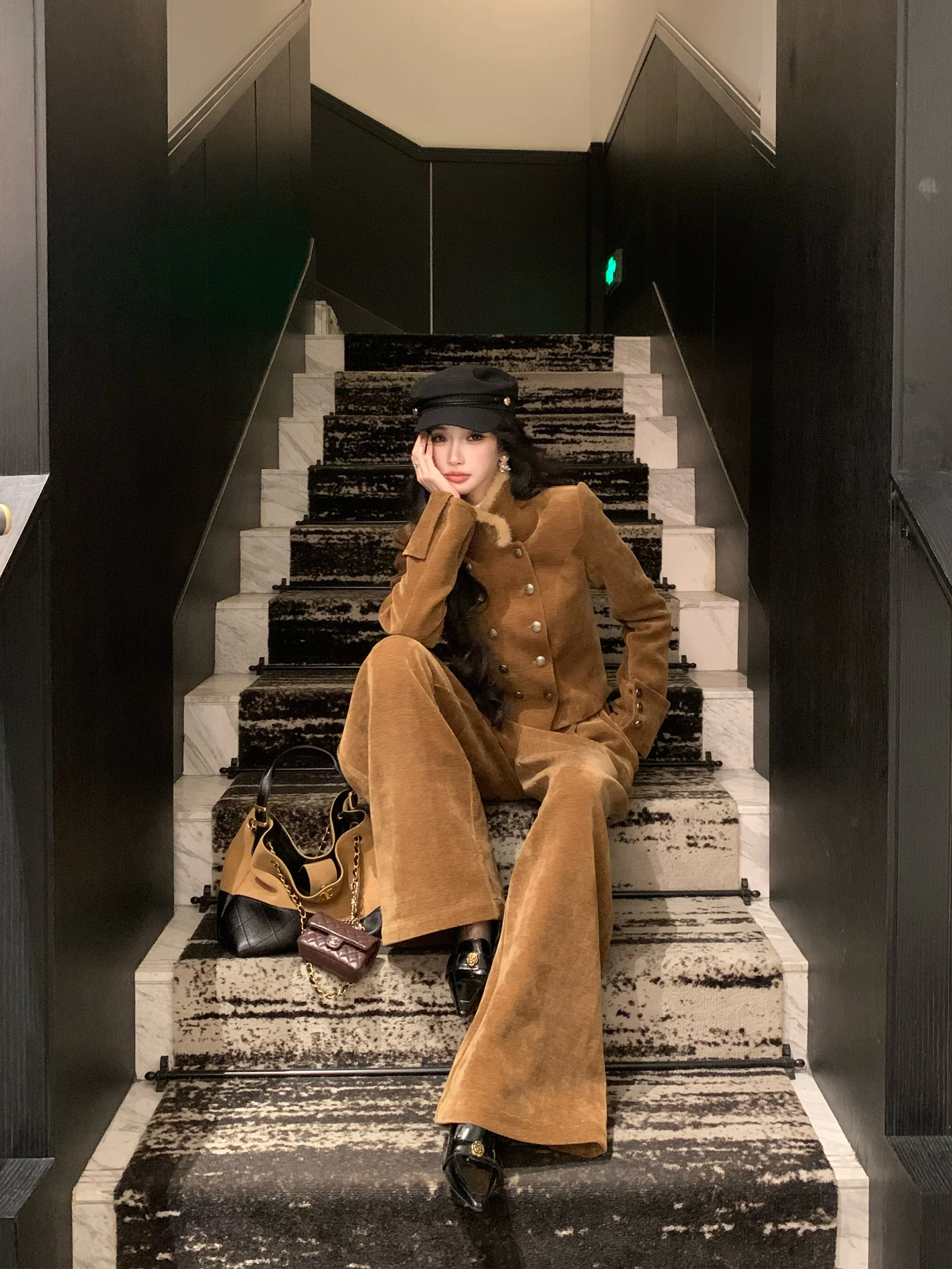 

BarbChill Winter Faion Set Women's ort Cotton Jaet with Fur Wide Leg Pants Velvet Touch Warm Thiened Polyester