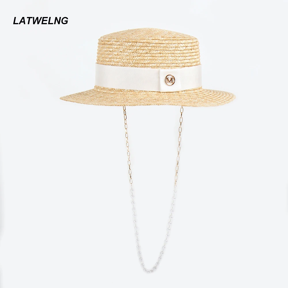 2024 new designer Pearl Chain Straw Hat women Elegant flat sun hat ladies dress hats on party beach hat sunshade