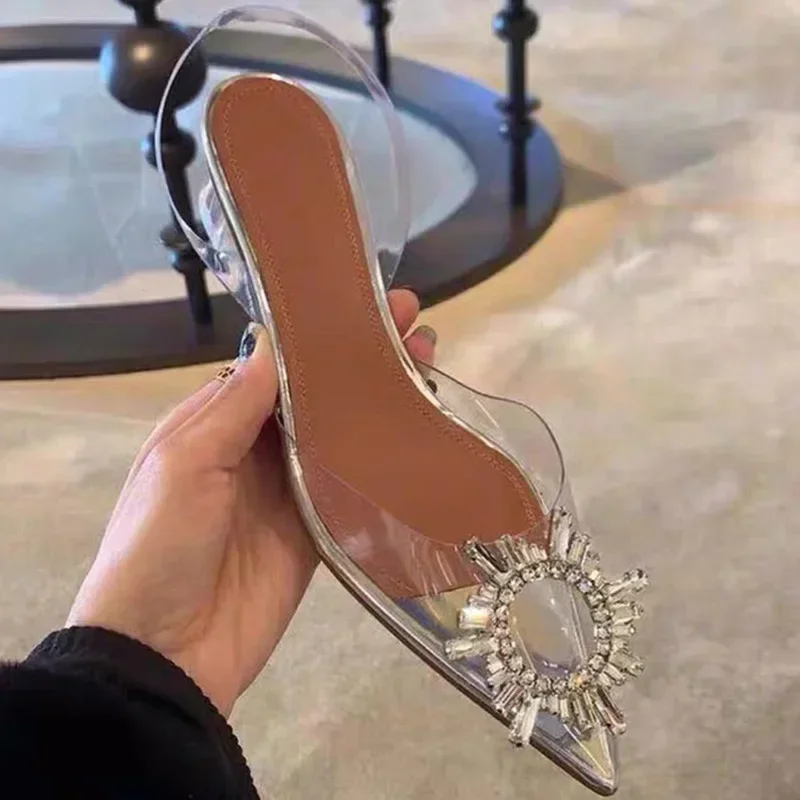 2024 New Summer Joker Pointy Thick Heel Sexy Rhinestone Transparent Sandals Women