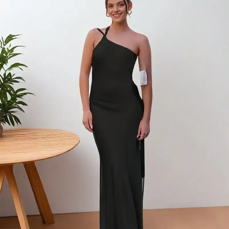 Cross-Border Spring Summer New Style Casual Party Dress Asymmetrical Shoulder Slimming Fashionable Evening Gown Long Ankle