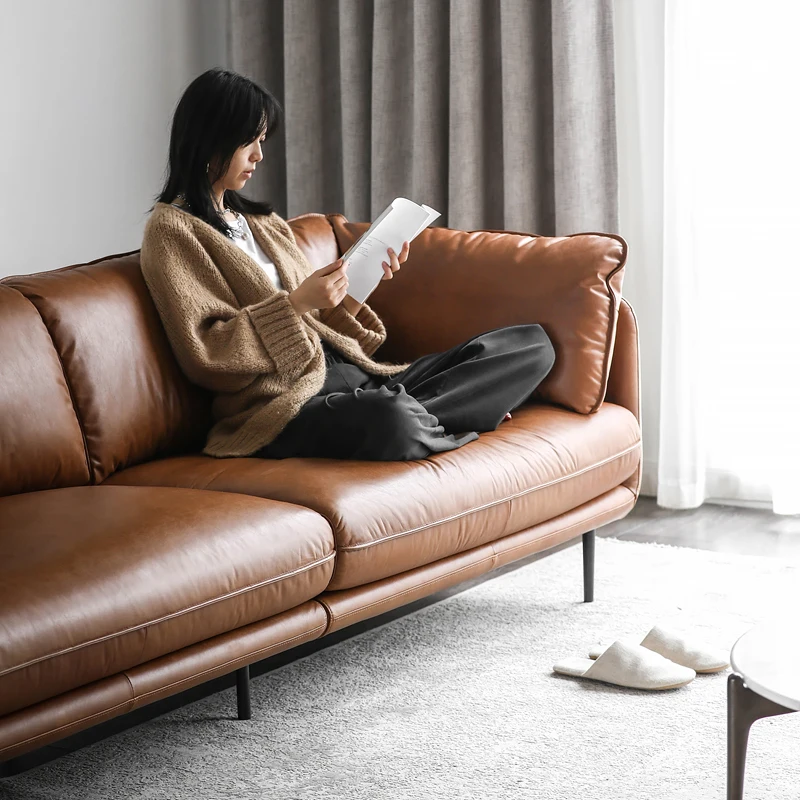 ！@Nordic Style Import First Layer Cowhide Retro Medieval Caramel HUG Full Leather Sofa Four-Seater Set for Villas Genuine Leathe
