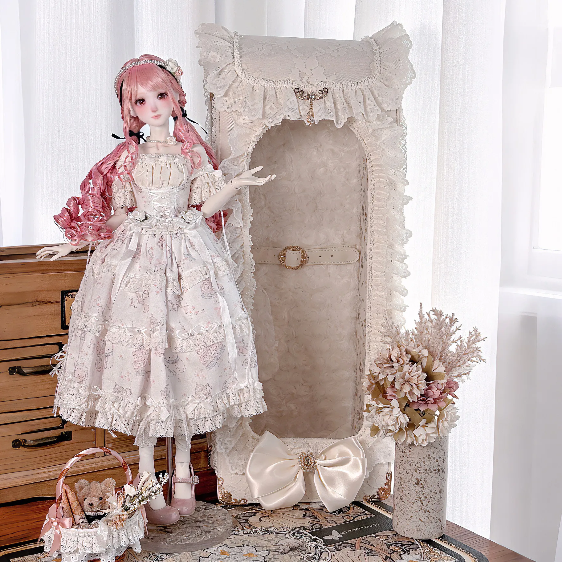 BJD Lace Doll Bag Backpack Doll Carrier Transparent Lolita Bag for 1/4 1/3 Dolls Outdoor Travel Doll Accessories