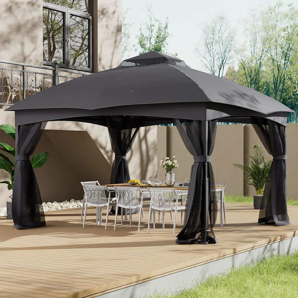 【Breeins】Double Roof Vented Gazebo Canopy with Mesh Curtain Durable Steel Frame Weather Resistant