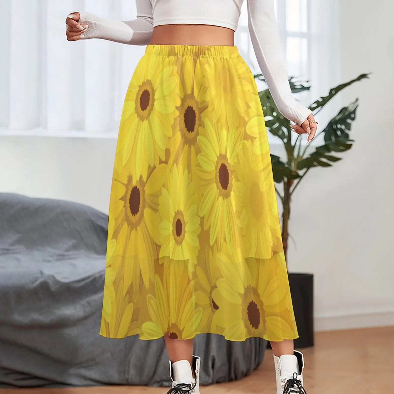 Sunflower Print Skirt Yellow Gerbera Flowers Y2K Casual Skirts Vintage A-line Skirt Women Graphic Oversized Clothes