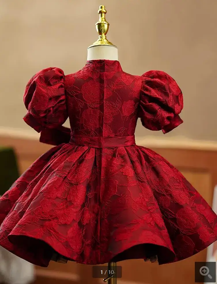 2024 New Children\'s Evening Gown Bow Design Spanish Vintage Girls Birthday Baptism Party  Red Dresses For Eid A2051