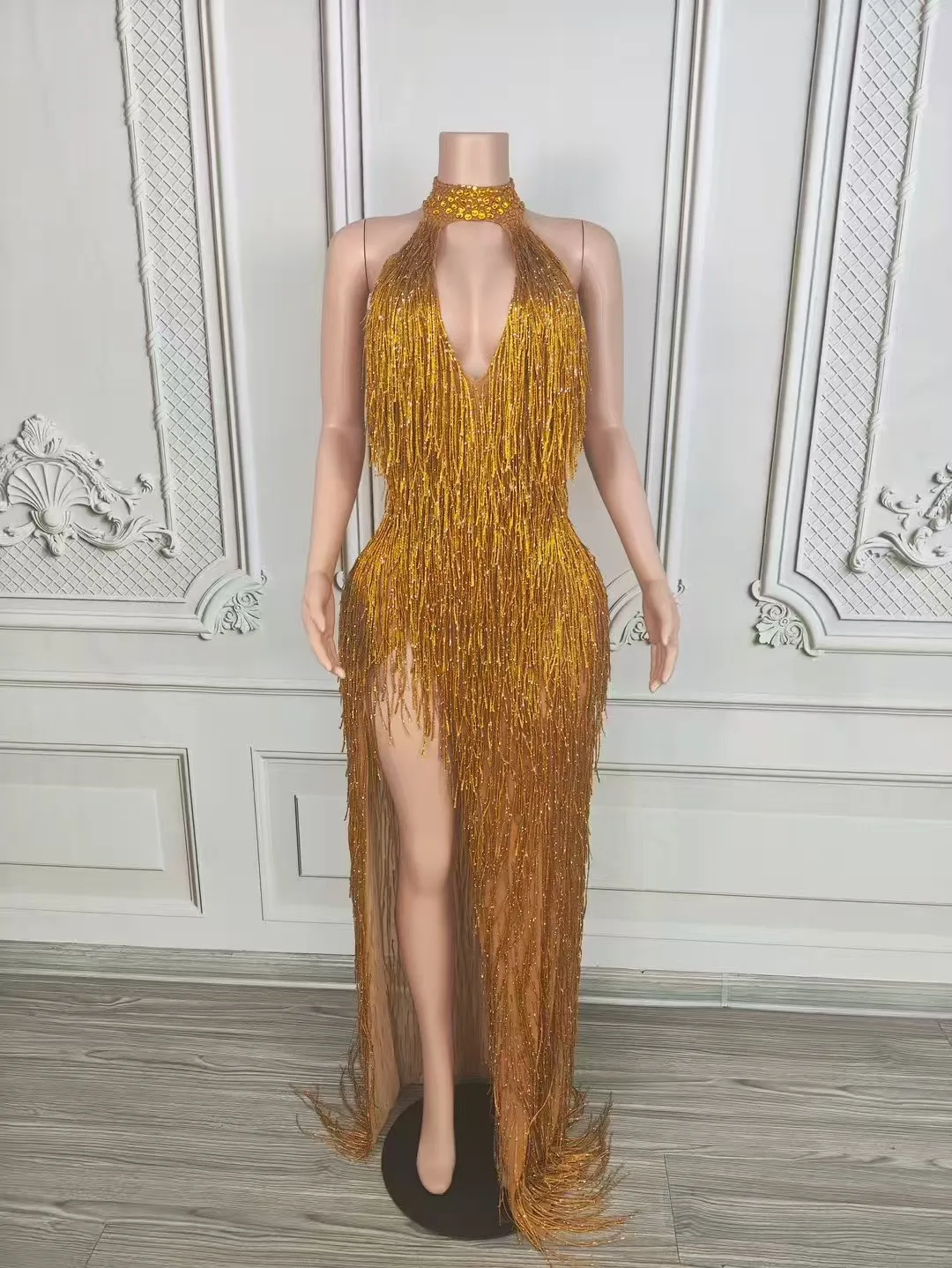 

Quality Rhinestone Color Blocked Tassel SexySlit Dress 2025 New Fashion Custom Women'SClothing D235