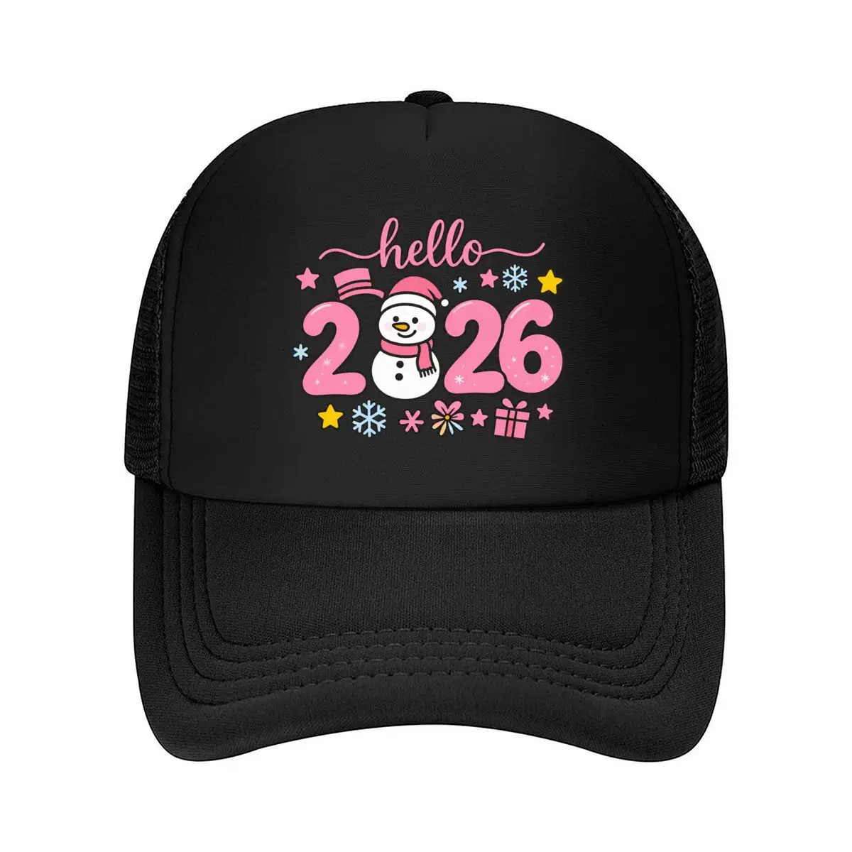 Hello 2026 Pink Snowman Snowflakes Stars Gift Christmas Graphic Mesh Baseball Cap Hip Hop