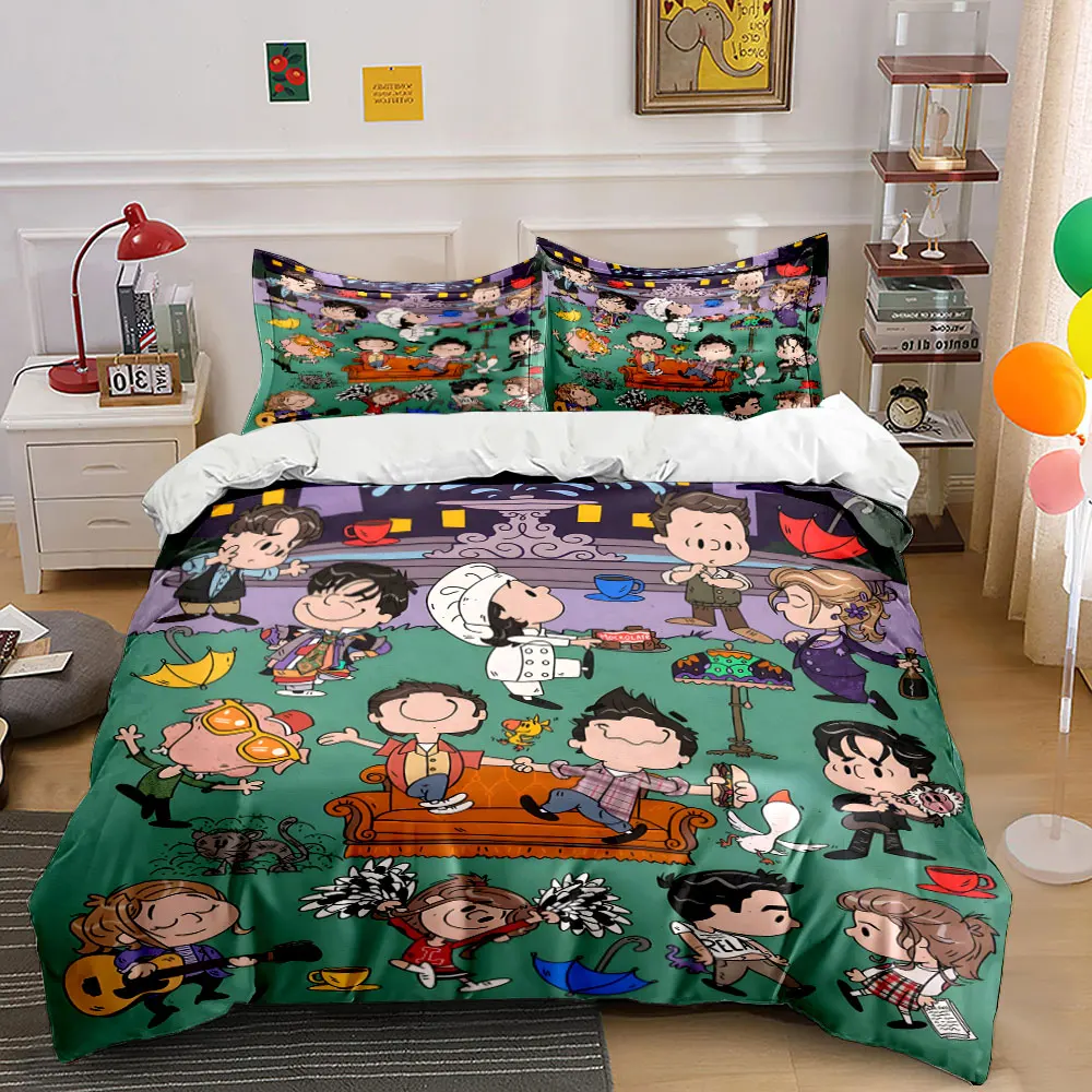 Cartoon Friends' Joyful Gathering Print Bettwäsche-Set, 1 Bettbezug, 2 Kissenbezüge für Erwachsene und Kinder, Luxus-Geschenk, volle Größe