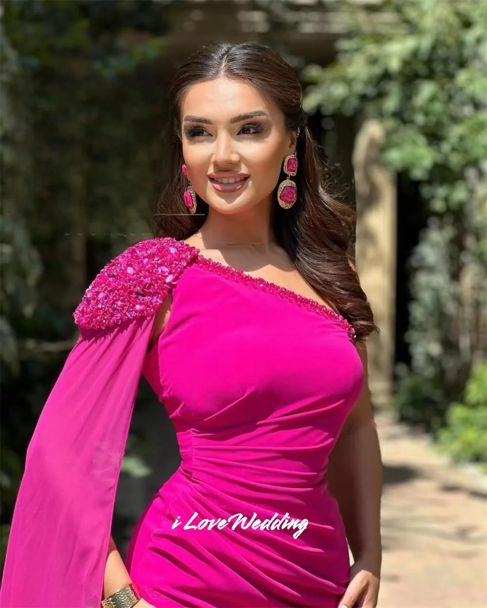 Rose Pink Beaded One Shoulder Prom Dress Sleeveless Shawl Mermaid Side Split Backless Pleated Floor-Length Party Dress Customize