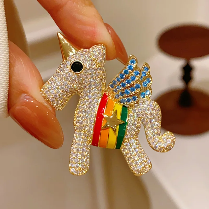 Women Unicorn Cubic Zirconia Brooch Colorful Enamel Wing Lapel Pin For Daily Wear