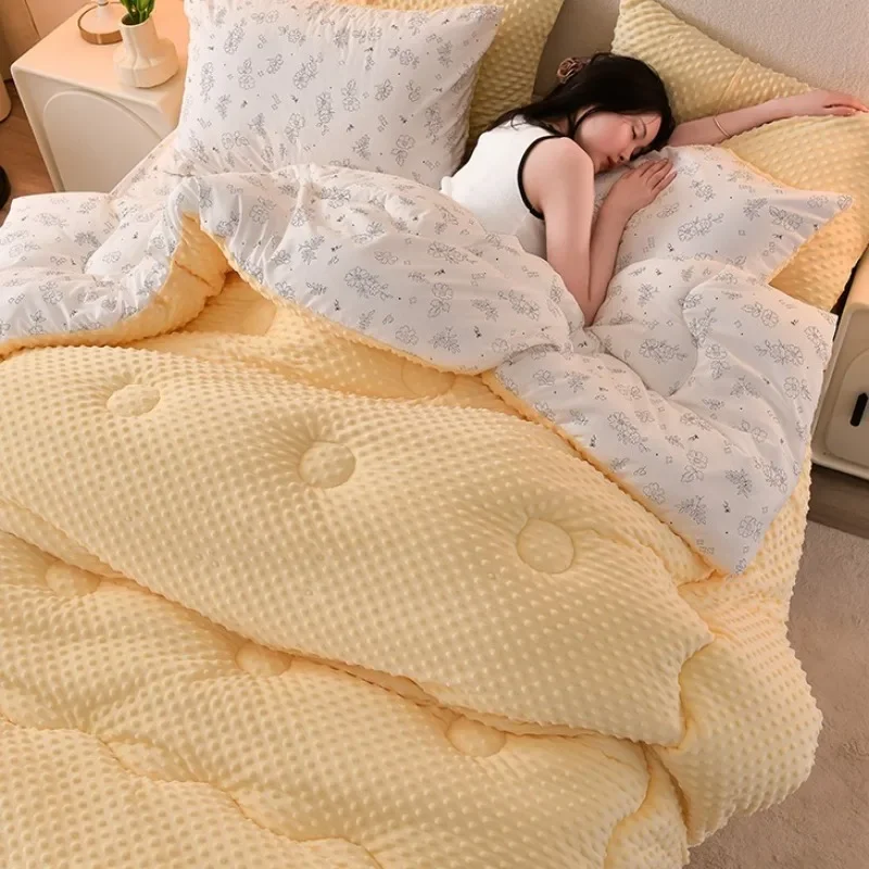 New 3D Bean Fleece Thick Winter Blanket Reversible Fluffy Warm Double Bed Quilt Single-Sided Print Quilted Soft Plush Comforter