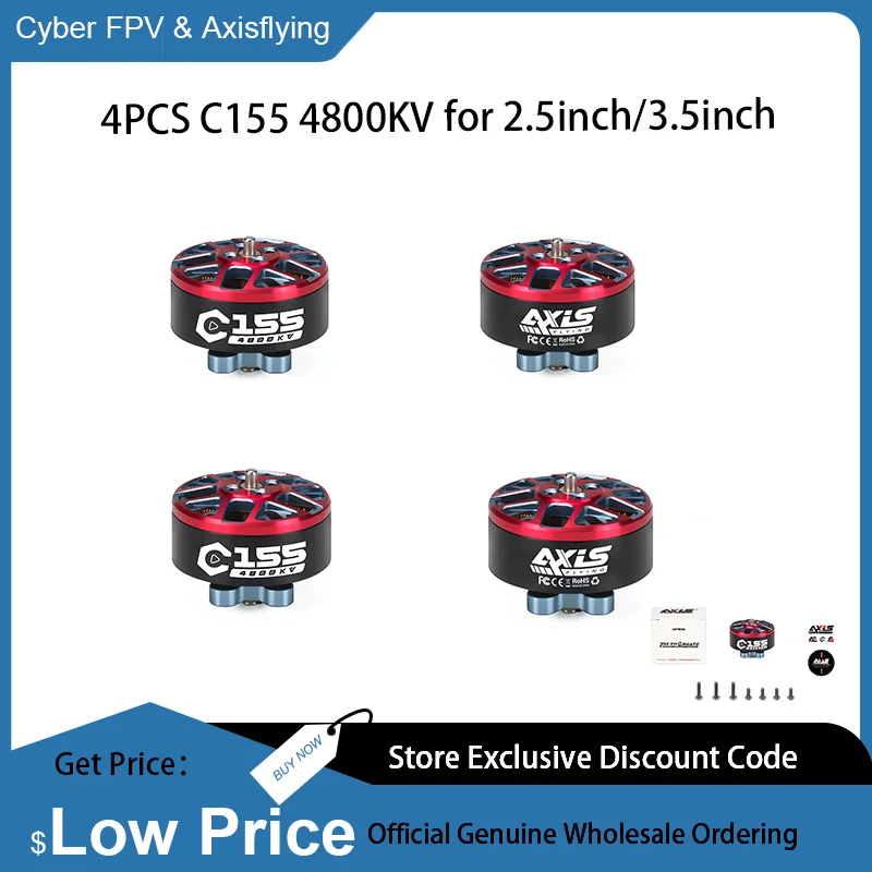

4 шт. бесщеточный двигатель Axisflying C155 4800KV FPV для 2,5-3,5 дюймов Cinewhoop и кинематографического крина