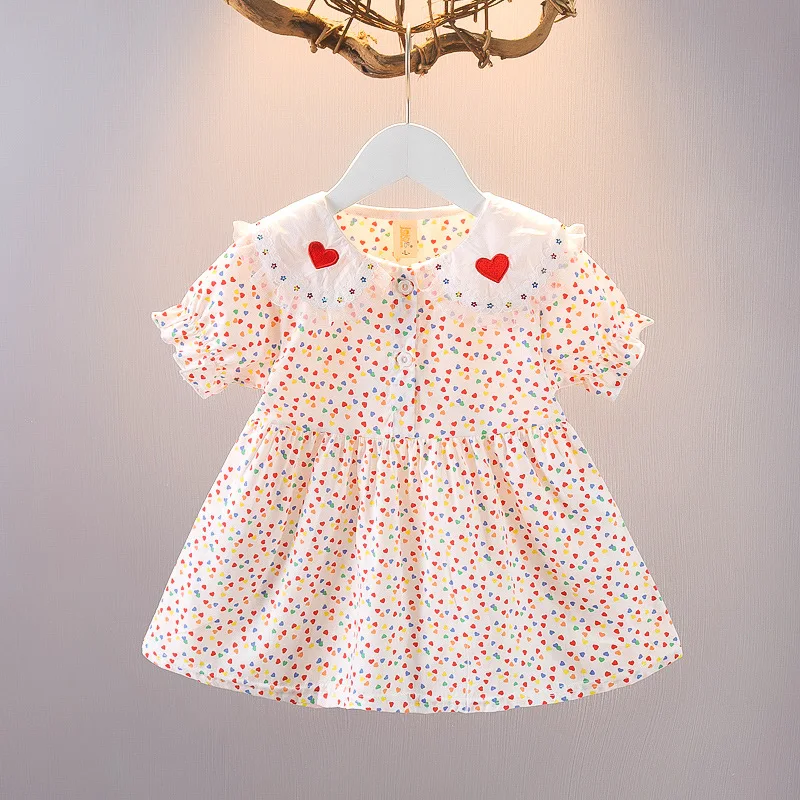 

Girls Stylish Short Sleeved Lovely Dress with Floral Patterns for Infants and Young Children Love Collar Kids Clothes