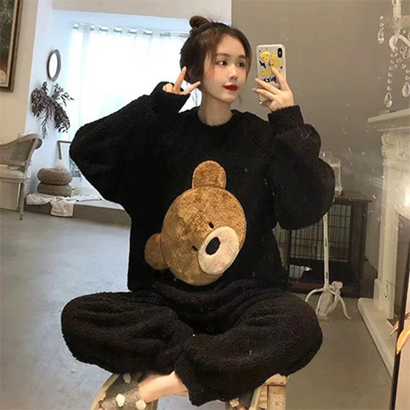 New Two-Piece Set of Ladies Fall and Winter Pajamas Girlfriends Dress Long-Sleeved Cute Cartoon Bear Pullover Loungewear Suit