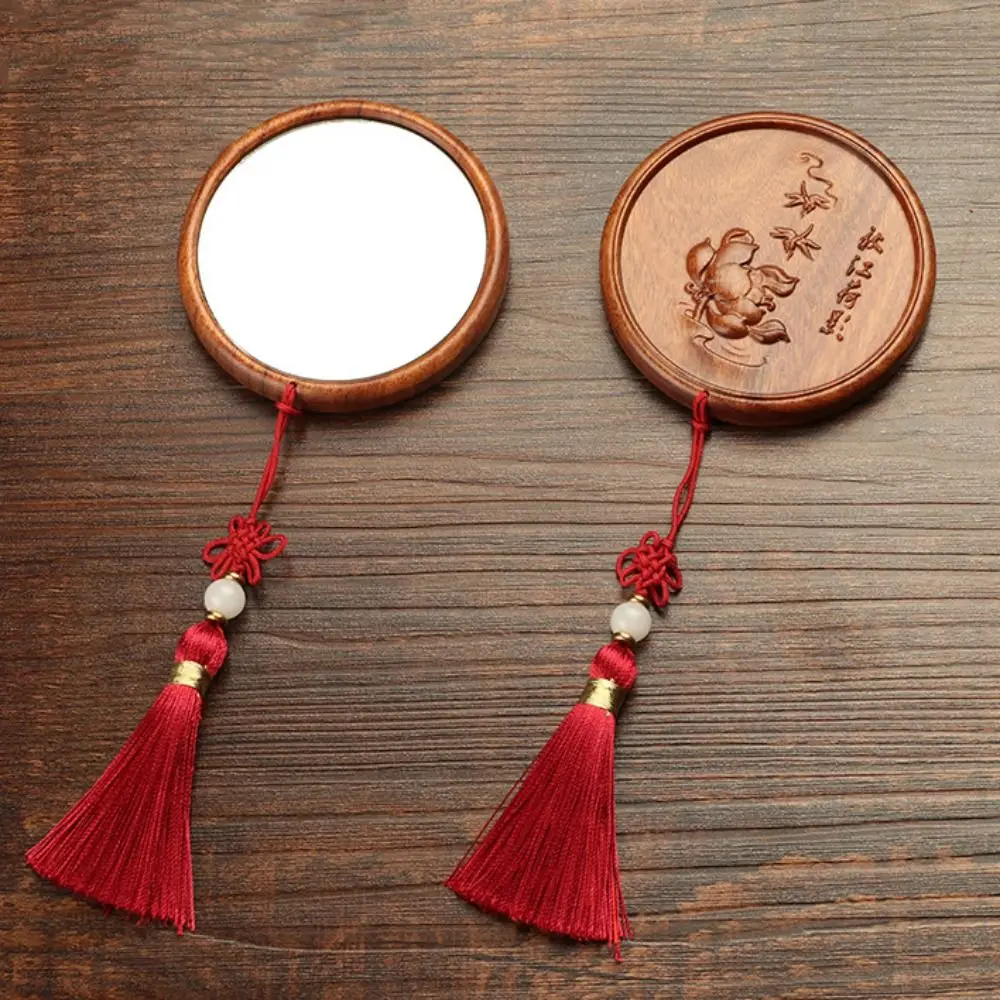 with Tassels Makeup Mirror Mini Sandalwood Vanity Mirror Portable Chinese Ancient Style Compact Pocket Mirror Makeup Tool