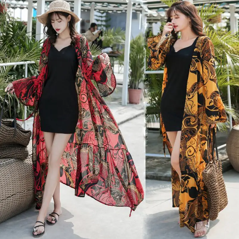 Thin Chiffon Cardigan Female Summer New Lace Hollow Women Sun Protection Coat with Long-Sleeved Mid-Length Shawl Trendy A487