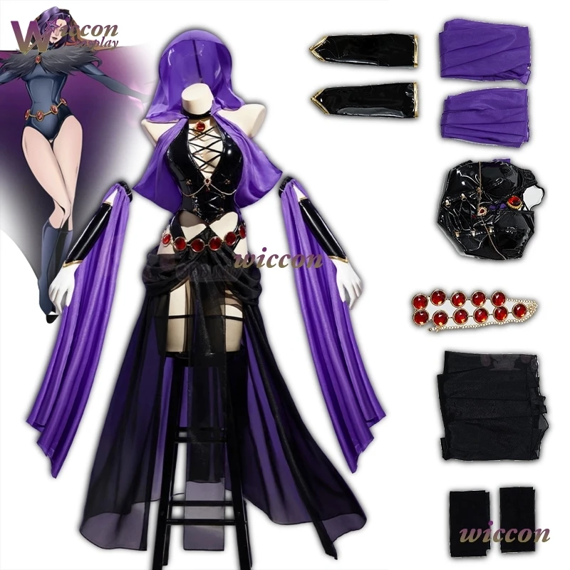魔女夜の宴会女性ティーンレイブンタイタンズコスプレ衣装同人パープルダンサードレスフード付きpuレザーハロウィン衣装ウィッグ