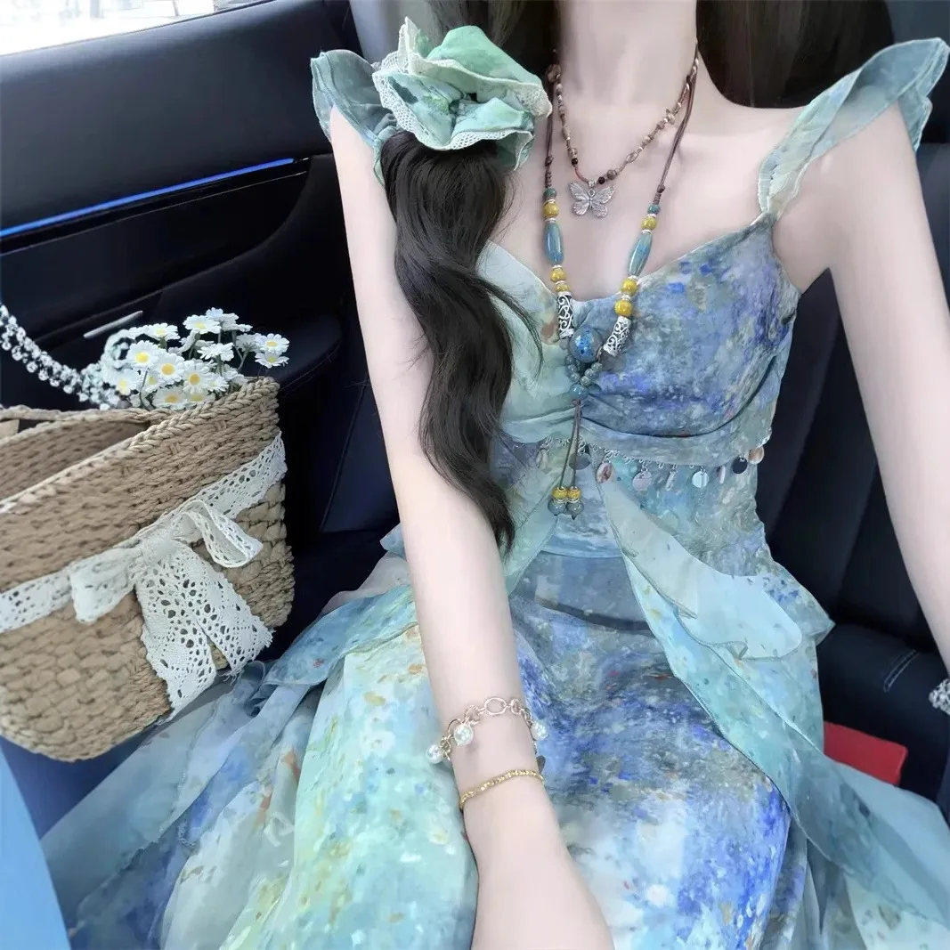 

Sweet Vacation Style Design Sense Waist Cinching Camisole Skirt Women's Summer New Style Small Fresh Temperament Long Skirt