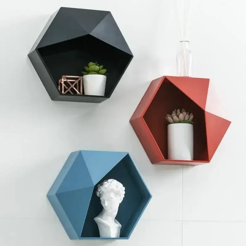 Nordic Style Wooden Decor Wall Mount Hexagonal Frame Books Toys Flower Pot Storage Shelf Holder Figurines Display Crafts Shelves